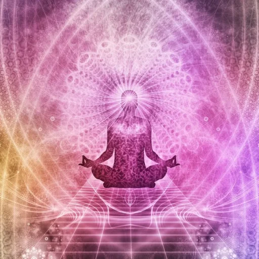 a kaliediscope of a person sitting crossed legged meditating