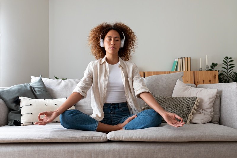 a woman sitting on a sofa listening to powerful guided meditations with headphones