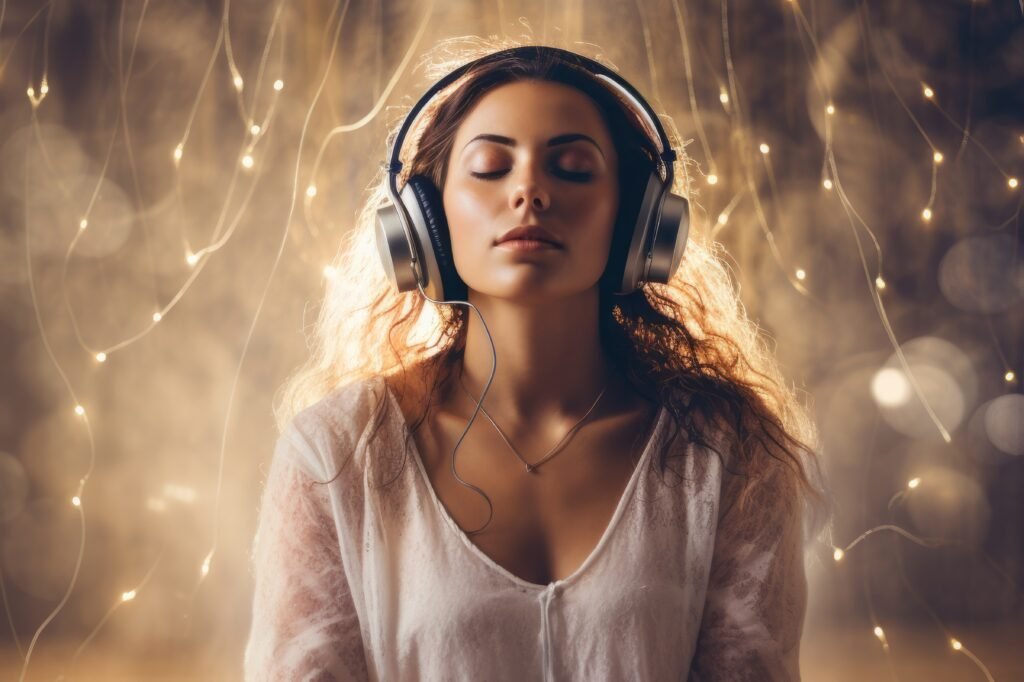 Woman meditating and listening to relaxing music