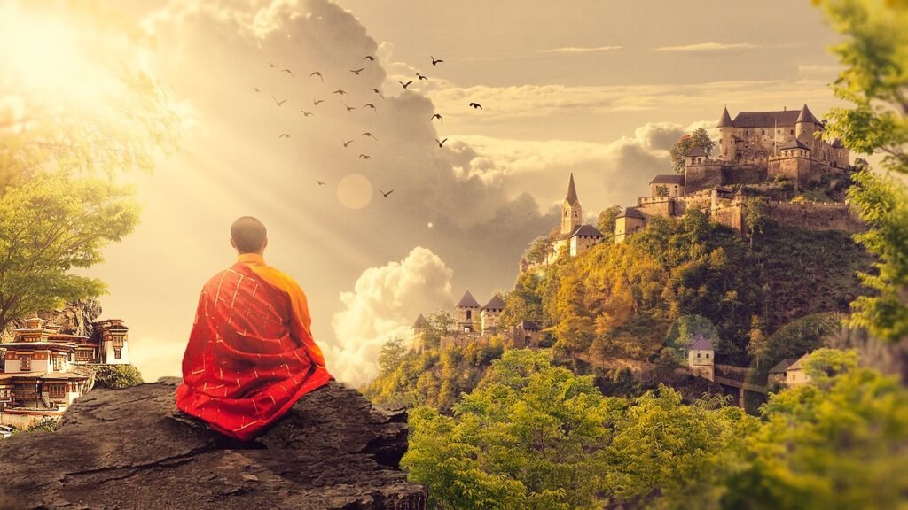 A monk whose religion is buddhism practices zen meditation in front of a temple
