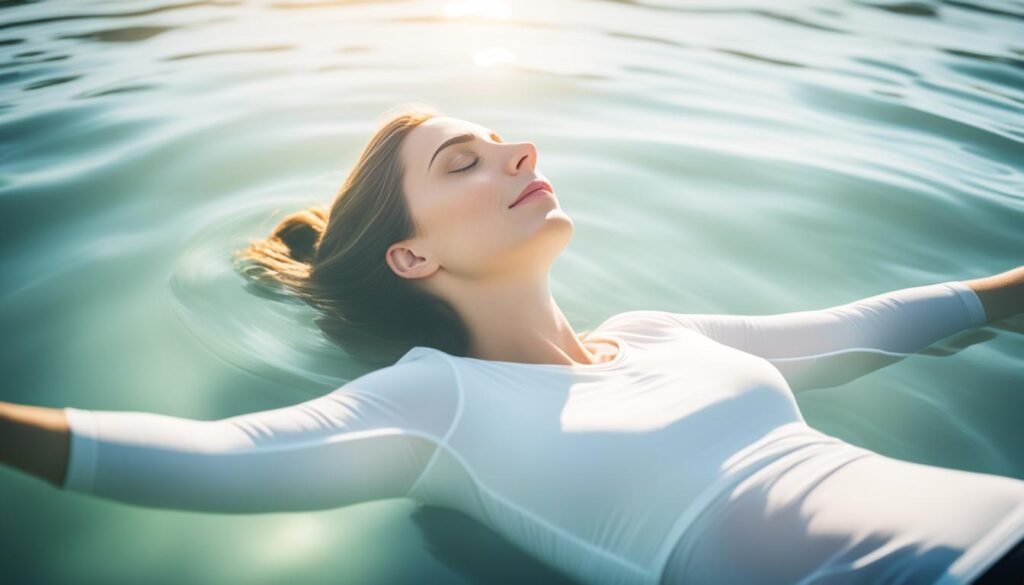 A woman with her eyes closed, wearing a white top, floating in the water, enjoying meditation for sleep