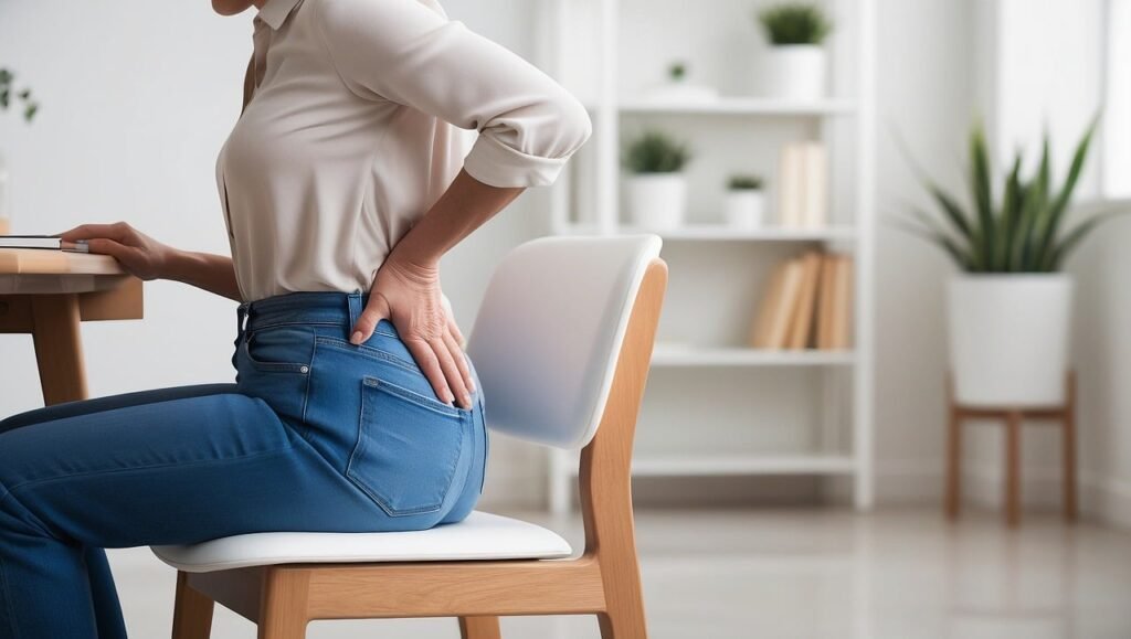 A woman sitting in a chair with her hand pressed into her back to relieve back pain