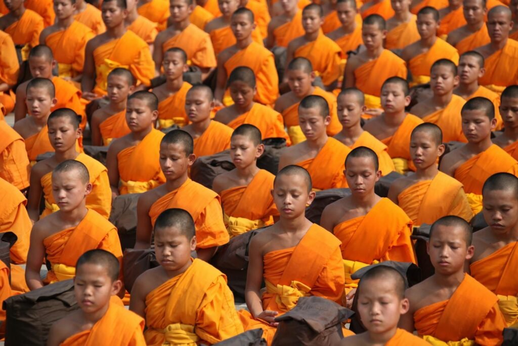 Monks sitting in mindfulness meditation