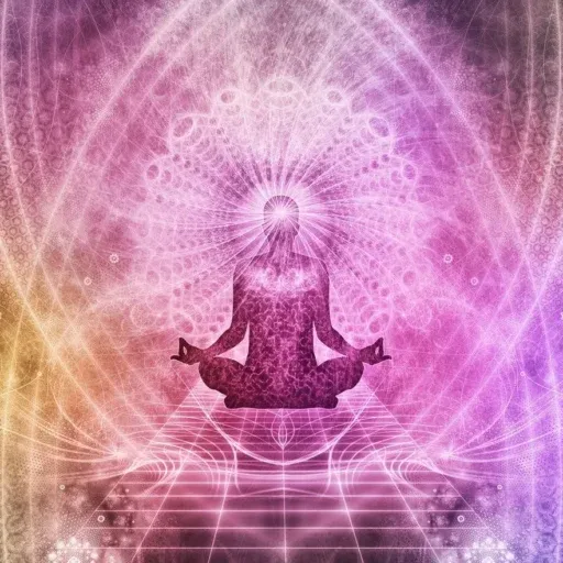 a kaliediscope of a person sitting crossed legged meditating